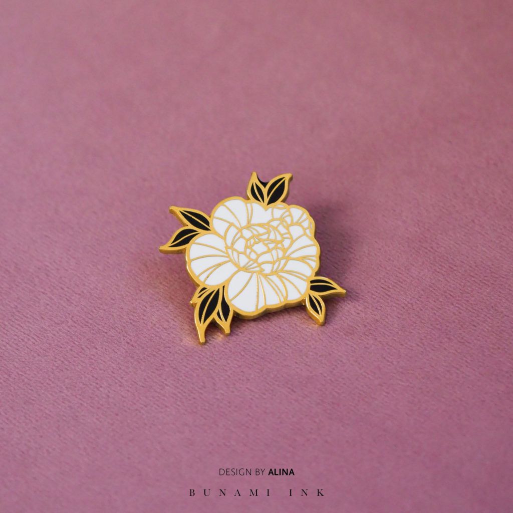 Peony rose hard enamel tattoo design pin by Alina