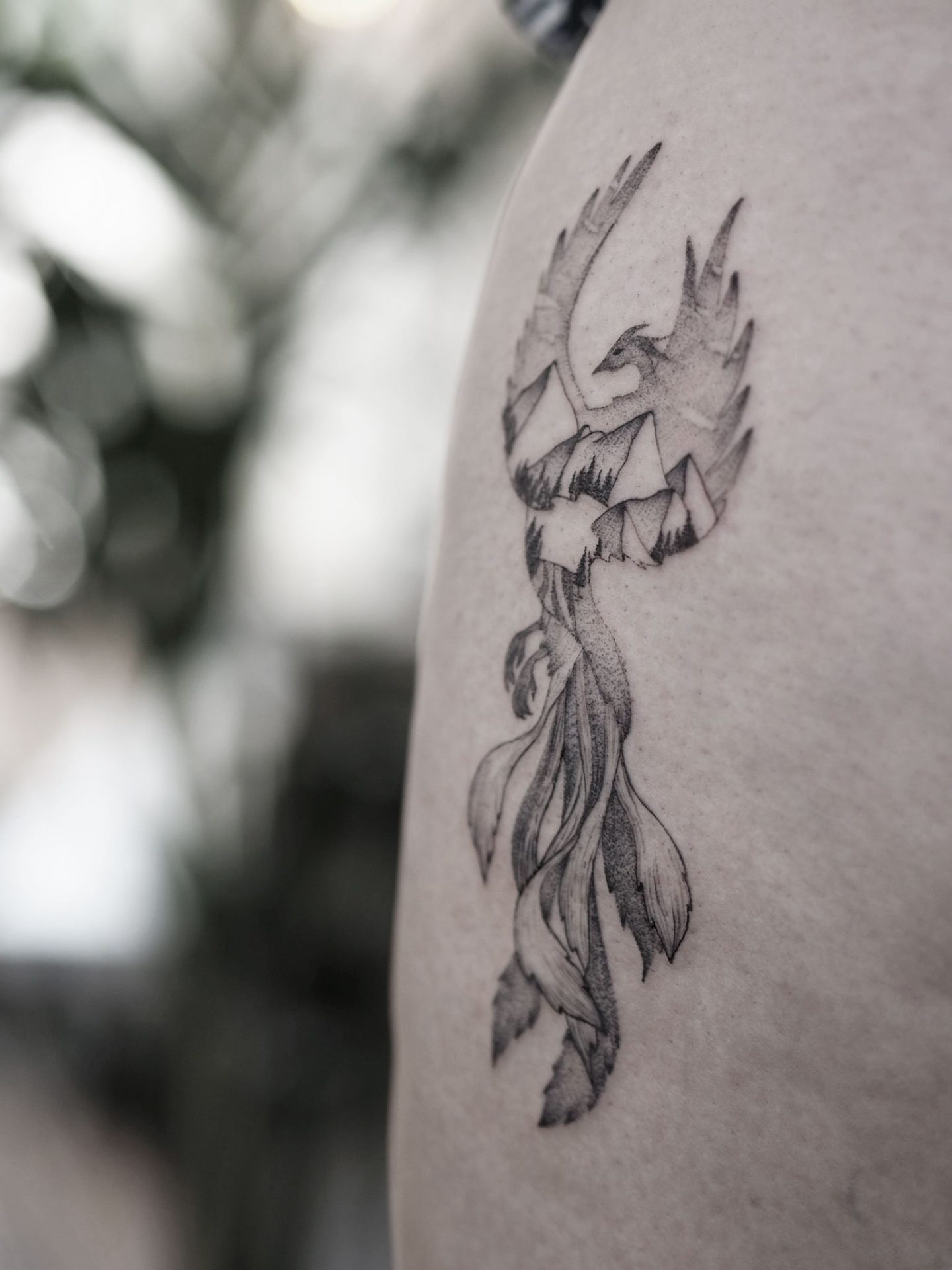 Phoenix landscape fineline singleneedle tattoo by Alina BUNAMI INK