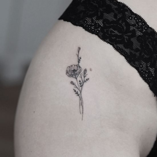 Fineline Poppy wildflower tiny bouquet tattoo