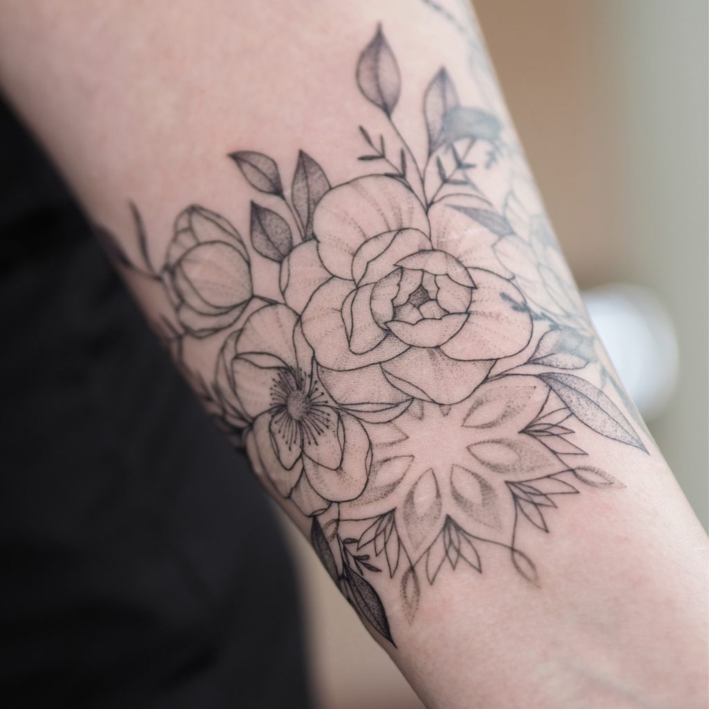 Mandala peony floral fineline dotwork tattoo scarcoverup